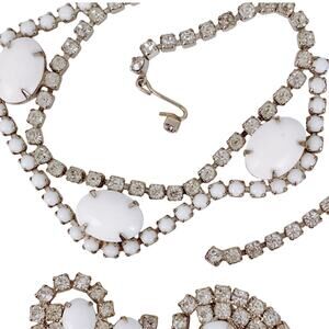 Vintage Mid Century Milk Glass Rhinestone Necklace Earring Set 1950s Jewelry